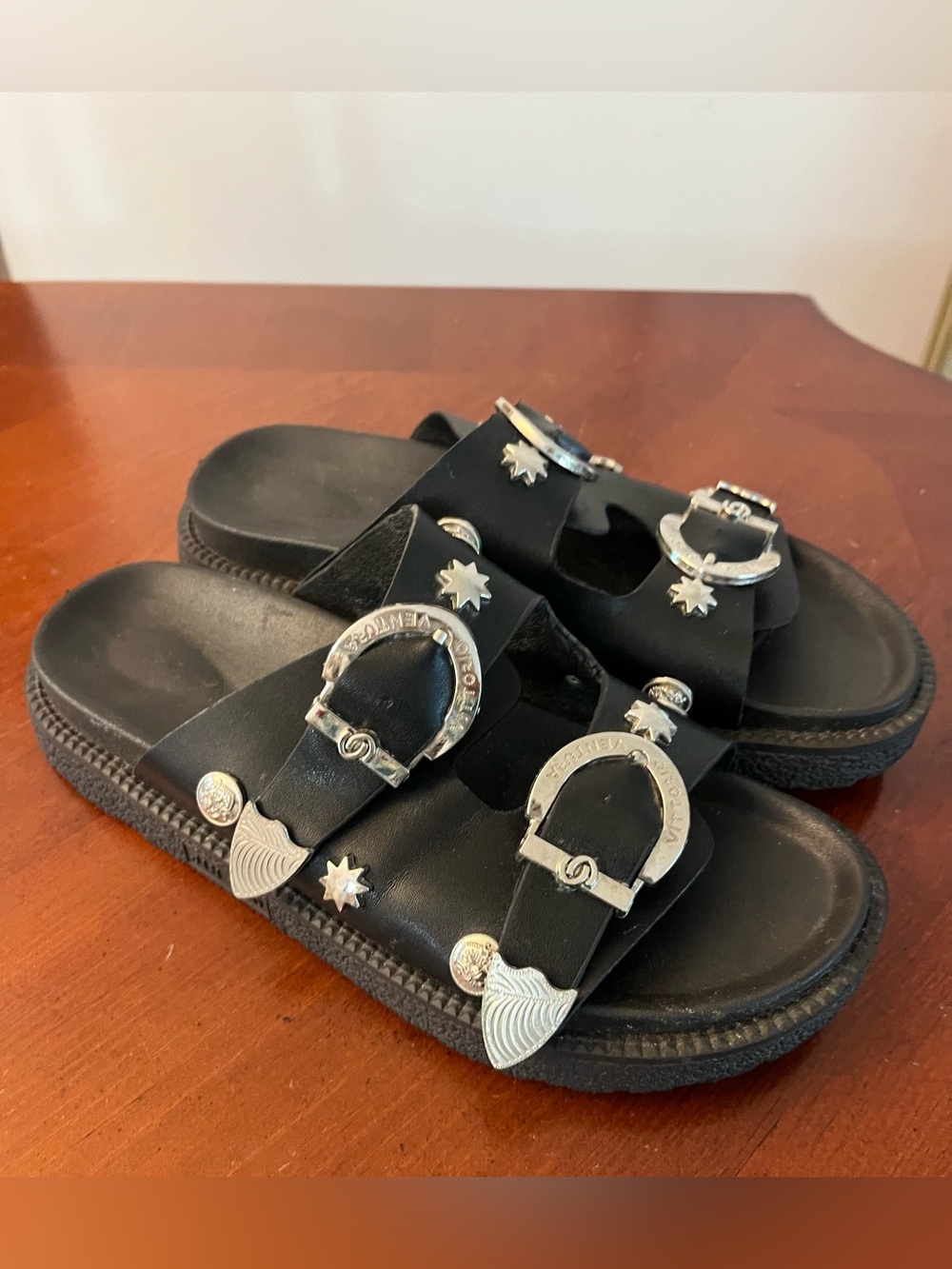 Vittorio Ventura Silver Buckle Platform Slides Black Western Boho Sandals Sz 40